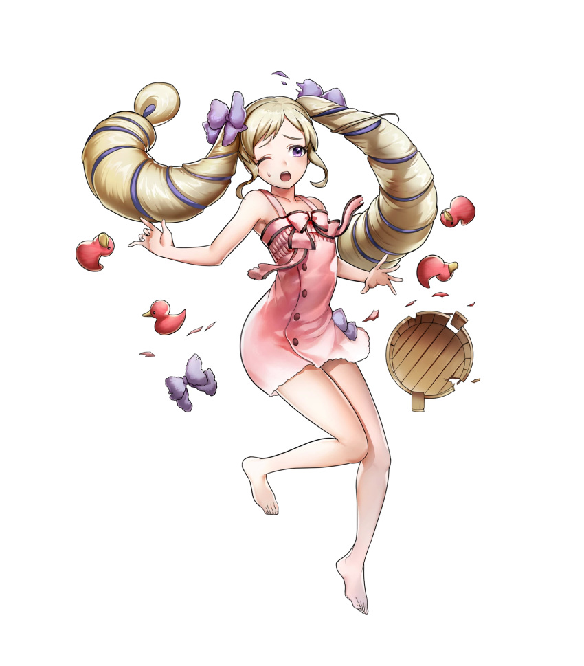 1girl bangs bare_legs bare_shoulders barefoot blonde_hair breasts bucket dress elise_(fire_emblem_if) feet fire_emblem fire_emblem_heroes fire_emblem_if full_body hair_ribbon highres mikurou_(nayuta) multicolored_hair nintendo official_art purple_eyes purple_hair purple_ribbon ribbon rubber_duck short_sleeves small_breasts solo toes twintails wooden_bucket