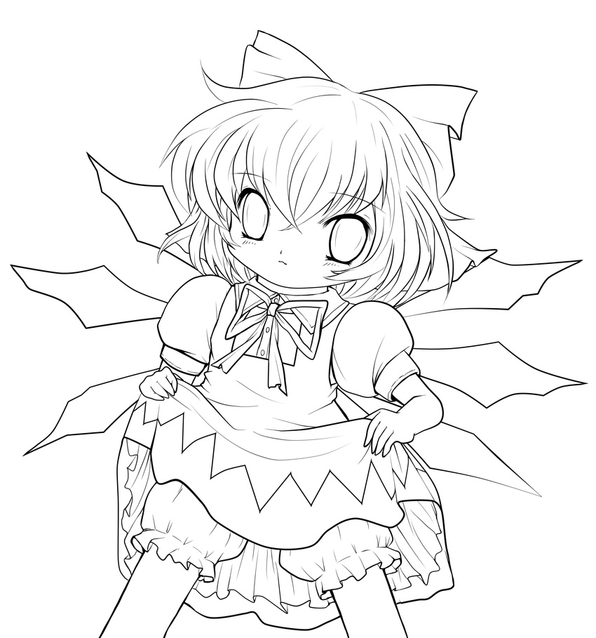 absurdres bow cirno dress dress_lift greyscale hair_bow highres lineart looking_at_viewer monochrome short_hair solo touhou transparent_background yume_shokunin