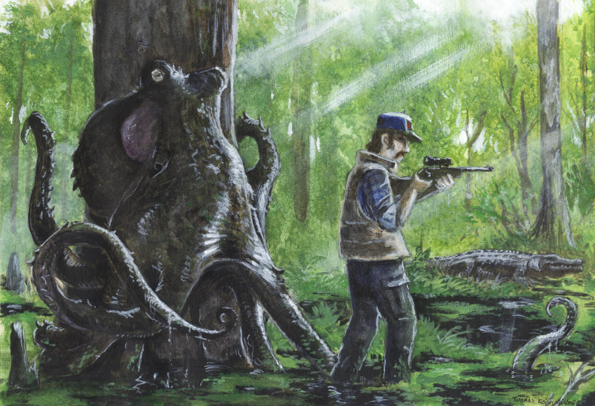 2012 alligator baseball_cap biped cephalopod clothing crocodilian dark_skin detailed_background forest group gun hair hat holding_object holding_weapon human hunting mammal marine mollusk octopus pale_skin quadruped ranged_weapon reptile rifle scalie swamp tentacles traditional_media_(artwork) tree tuomas_koivurinne vest weapon