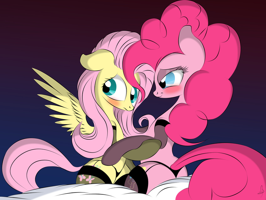 absurd_res alsatianvdk blue_eyes blush clothing cutie_mark duo equine female feral fluttershy_(mlp) friendship_is_magic hair hi_res horse lesbian long_hair mammal my_little_pony panties pants pegasus pink_hair pinkie_pie_(mlp) pony smile string underwear v-d-k wing_boner wings