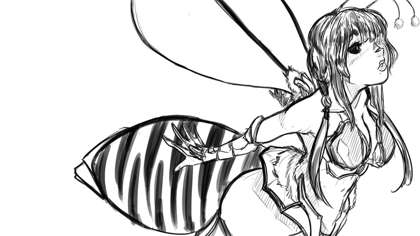 antennae arthropod beauty_mark bee black_and_white black_eyes blush braids corruption_of_champions female giant_bee_(coc) giogio hair human insect insect_wings leaning leaning_forward lips long_hair mammal monochrome solo standing unconvincing_armor wings