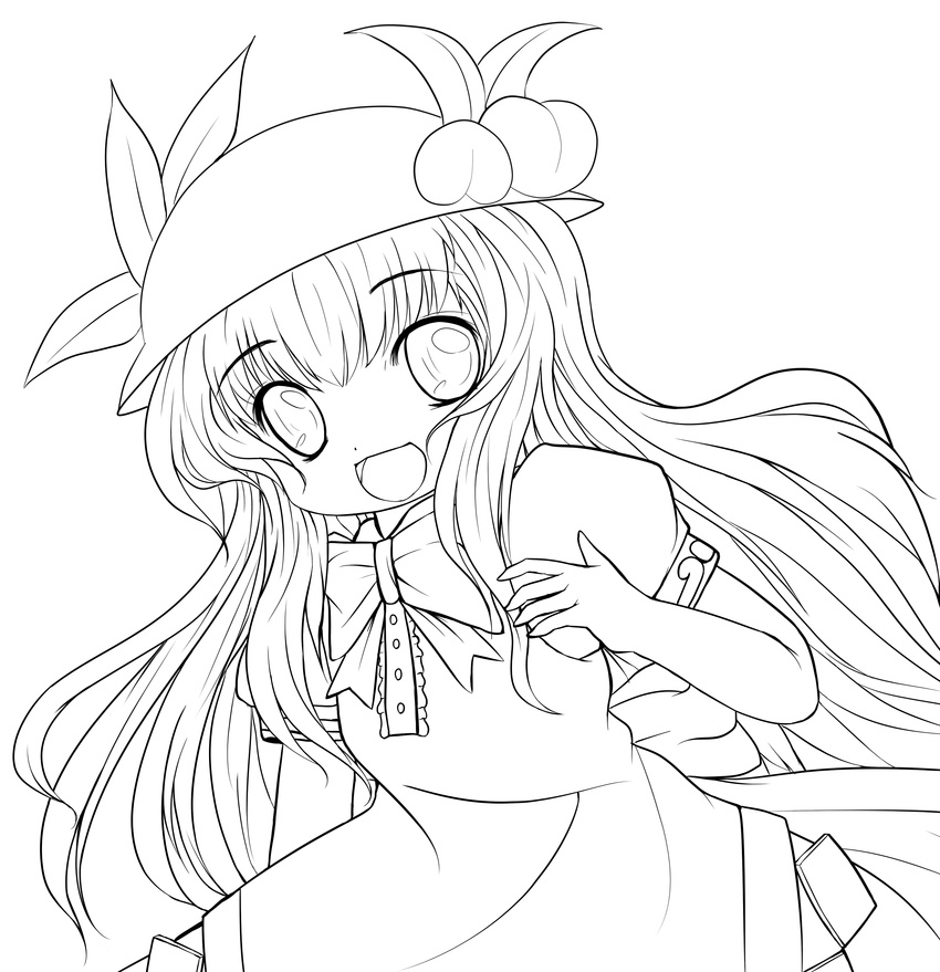 absurdres greyscale highres hinanawi_tenshi lineart long_hair looking_at_viewer monochrome open_mouth smile solo touhou transparent_background yume_shokunin