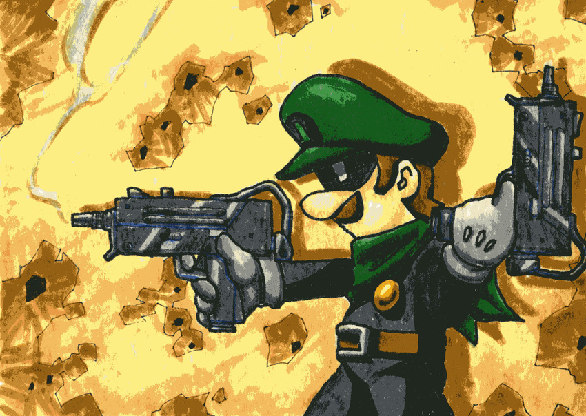 brown_hair domino_mask dual_persona dual_wielding facial_hair gloves gun hat highres luigi male male_focus mask mr._l mr_l mustache nintendo paper_mario pixiv_manga_sample resized sub-machine_gun super_mario_bros. super_paper_mario weapon