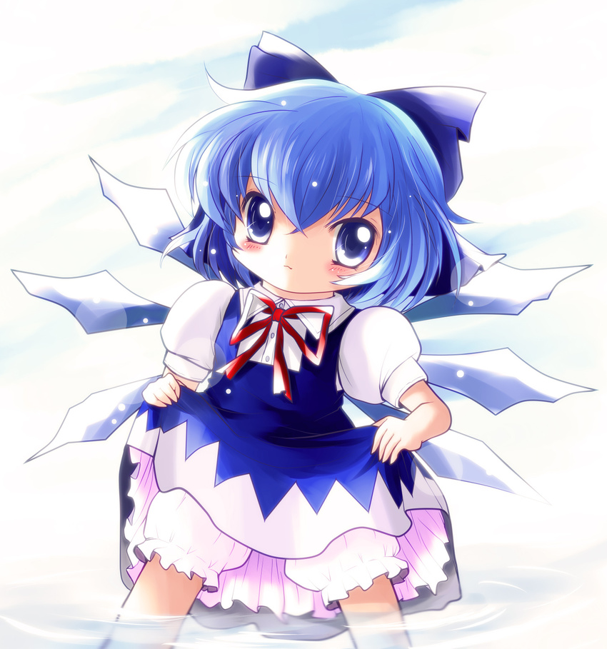 bloomers blue_eyes blue_hair bow cirno dress dress_lift hair_bow highres looking_at_viewer short_hair solo touhou underwear wading yume_shokunin