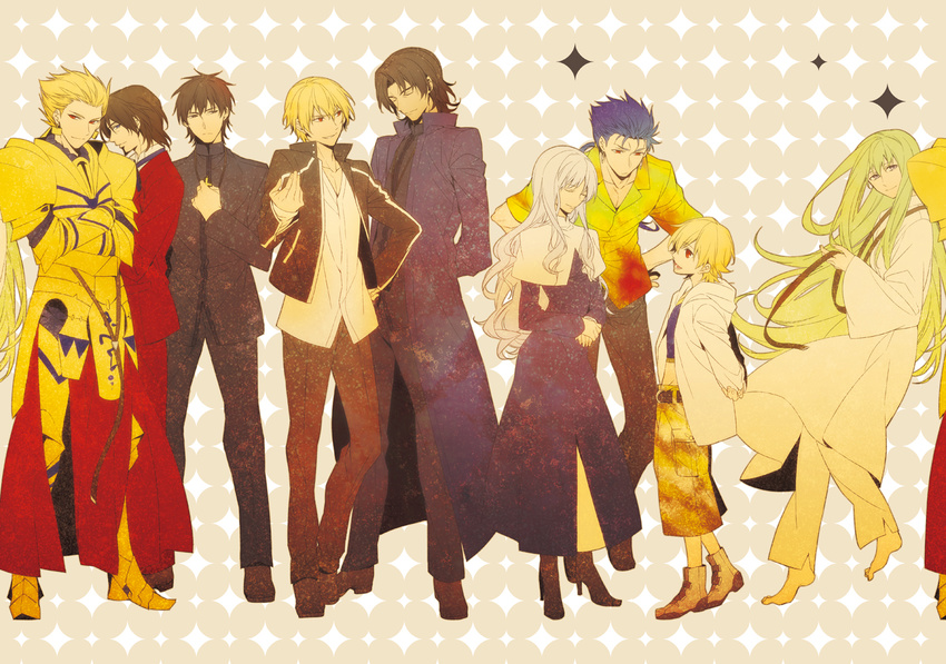 6+boys age_progression androgynous armor arms_behind_back barefoot blonde_hair blue_eyes blue_hair boots brown_eyes brown_hair caren_hortensia cassock child_gilgamesh closed_eyes coat crop_top cross cross_necklace dress dual_persona earrings enkidu_(fate/strange_fake) facial_hair fate/hollow_ataraxia fate/stay_night fate/strange_fake fate/zero fate_(series) formal gilgamesh goatee green_eyes green_hair habit hand_on_hip hawaiian_shirt high_heels jacket jewelry kotomine_kirei lancer long_hair multiple_boys multiple_persona necklace nun older otoko_no_ko pauldrons ponytail priest red_eyes shirt shoes short_hair shorts silver_hair sparkle standing suit toosaka_tokiomi white_hair xia_(ryugo) yellow_eyes younger