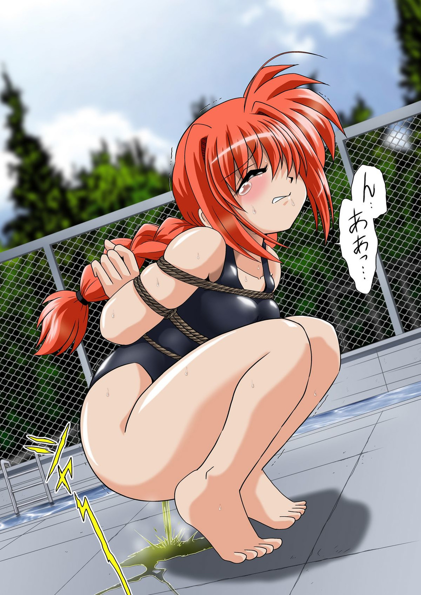 arms_behind_back bdsm blush bondage bound box_tie breasts feet fence grimace highres humiliation lyrical_nanoha mahou_shoujo_lyrical_nanoha mahou_shoujo_lyrical_nanoha_a's mahou_shoujo_lyrical_nanoha_a's outdoors outside pain peeing peeing_self pool puddle red_hair solo swimsuit tears thirty_saver_street tied_up tree trees vita wetting young younger