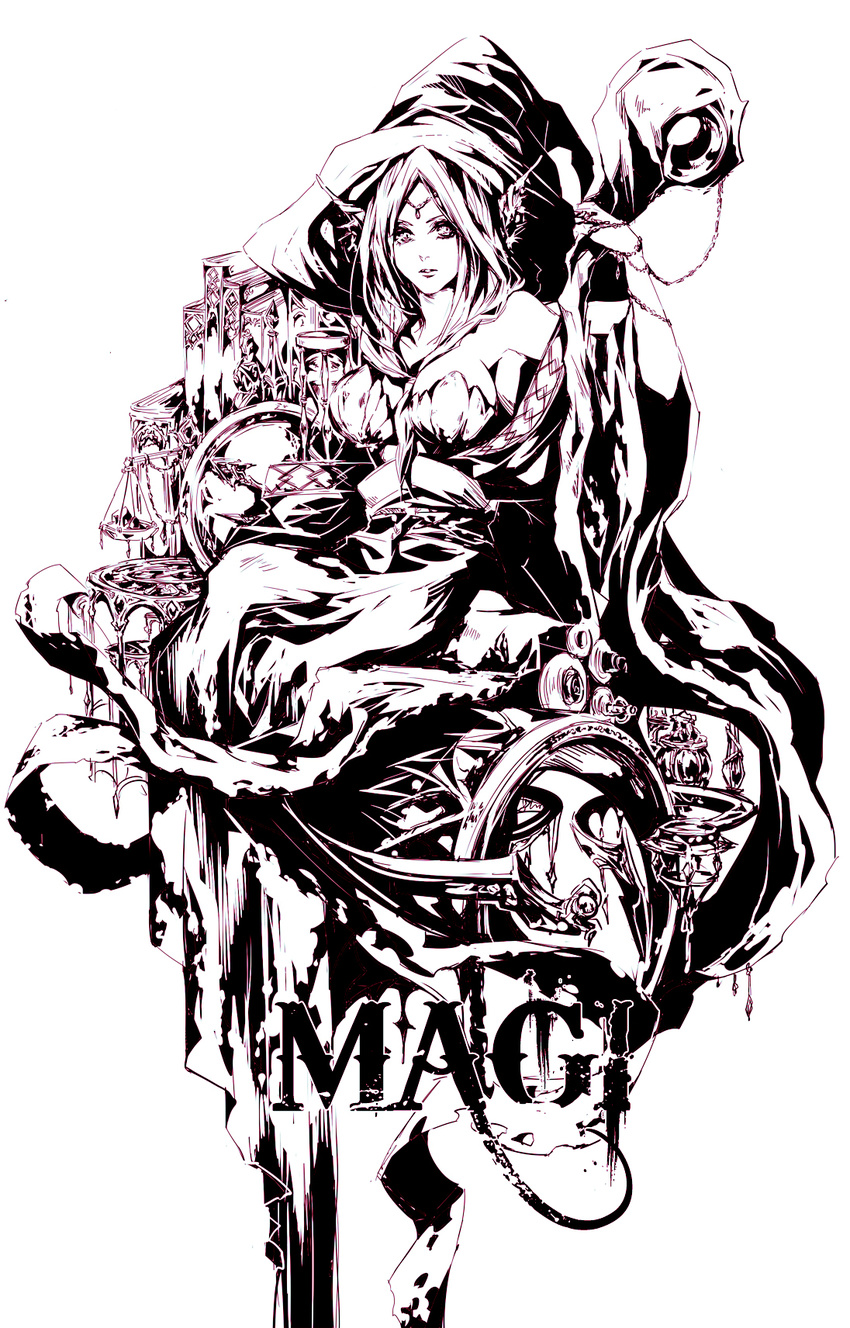 anyueh book breasts cleavage dress hat highres horns jewelry large_breasts long_hair magi_the_labyrinth_of_magic monochrome solo staff yamuraiha