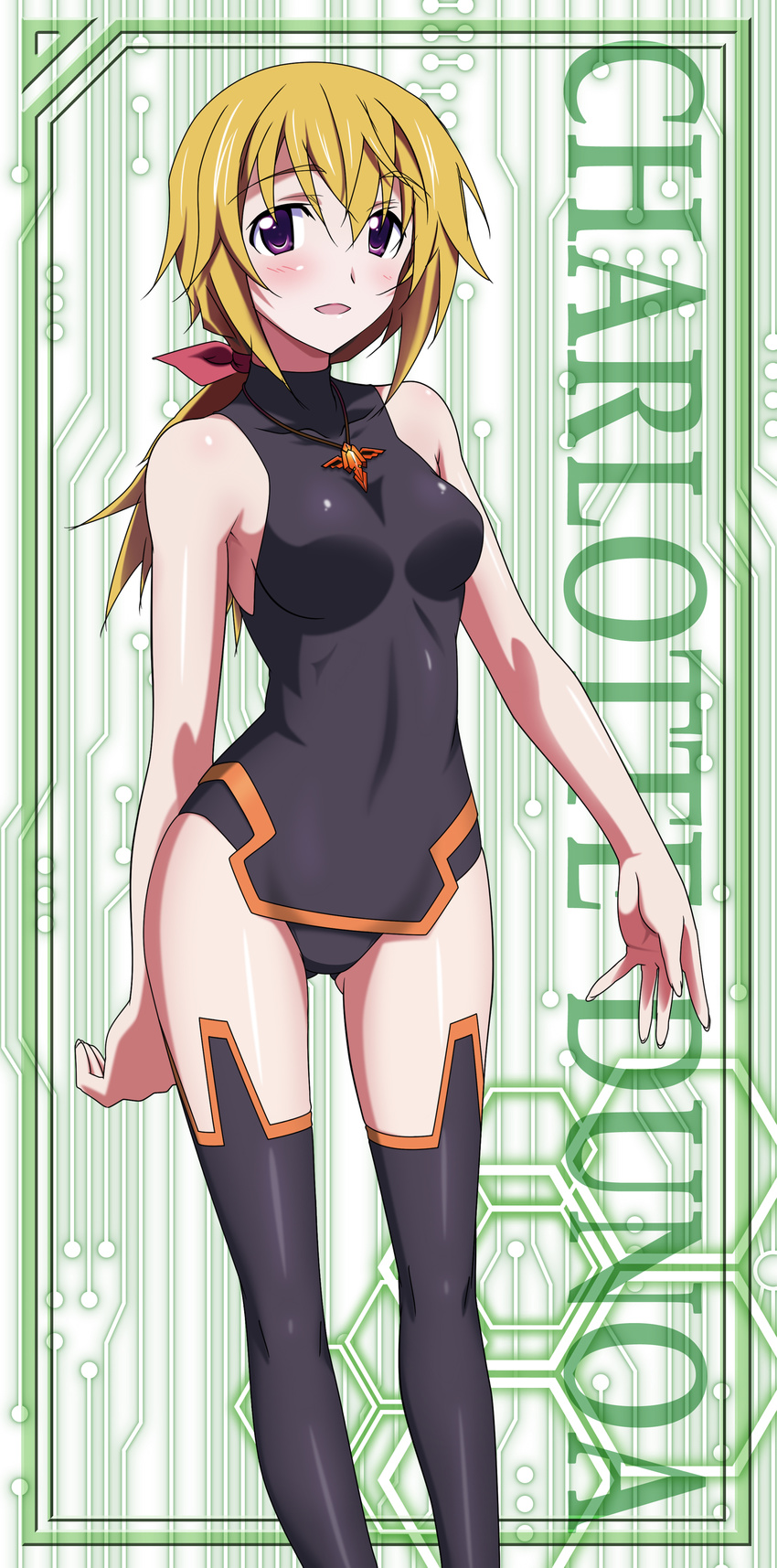 :d absurdres arm_behind_back ass_visible_through_thighs bangs bare_shoulders blonde_hair blush breasts character_name charlotte_dunois circuit_board fingernails frame hair_between_eyes hair_ribbon halterneck highres hips infinite_stratos jewelry leotard long_fingernails long_hair long_image long_legs low_ponytail medium_breasts necklace official_art open_mouth pelvic_curtain pendant pilot_suit ponytail purple_eyes ribbon smile solo stick_poster turtleneck