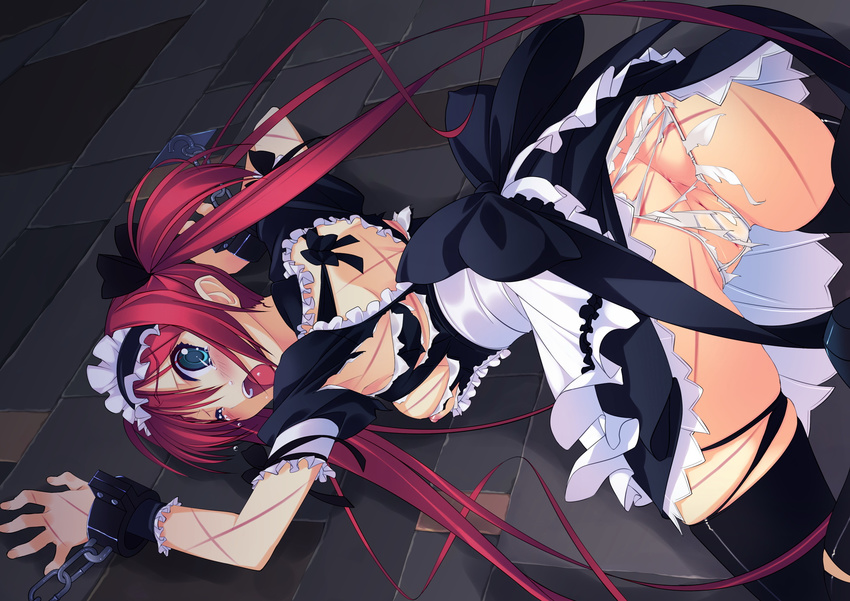 1girl airi anus ass bdsm bondage breasts chains from_behind highres long_hair looking_back maid maid_outfit medium_breasts murakami_suigun nipples open_mouth pain pussy pussy_peek queen's_blade queen's_blade red_hair restrained screaming tears thighhighs torn_clothes torn_panties torture transparent uncensored upskirt whip_marks