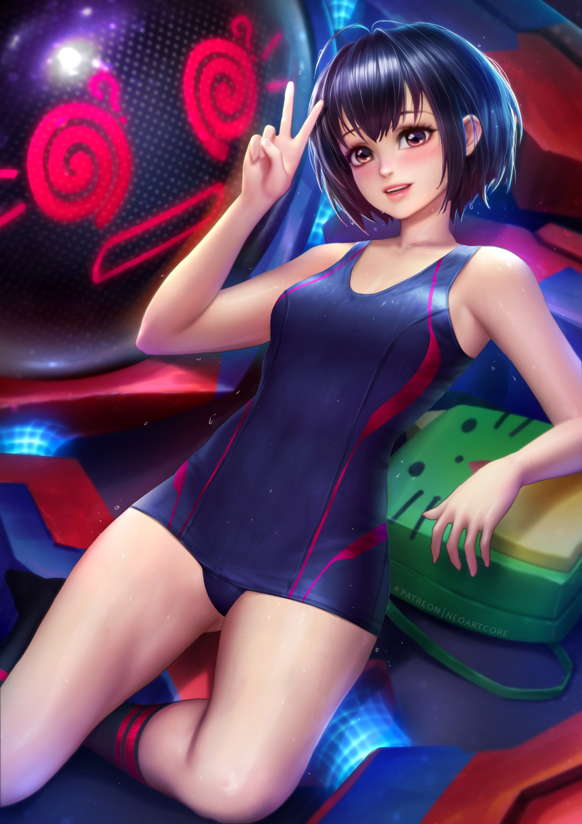 1girl ? @_@ absurdres artist_name backpack bag black_hair black_legwear blush breasts brown_eyes collarbone eyelashes highres kneehighs light_blush looking_at_viewer marvel nudtawut_thongmai one-piece_swimsuit open_mouth paid_reward patreon_reward patreon_username peni_parker reclining robot school_swimsuit short_hair small_breasts smile socks source_request sp//dr spider-man:_into_the_spider-verse spider-man_(series) swimsuit v watermark web_address