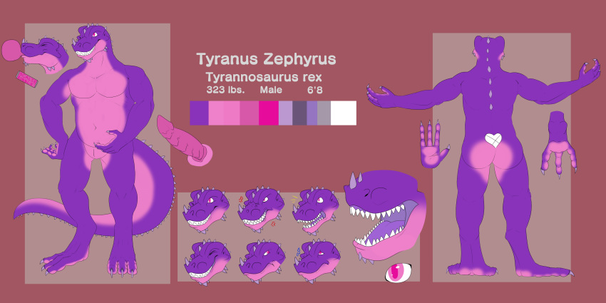 animal_genitalia anthro candy claws dahurgthedragon dinosaur food genital_slit gum male model_sheet penis pink_scales purple_scales reptile scales scalie slightly_chubby slit smile spikes theropod tyrannosaurid tyrannosaurus tyrannosaurus_rex tyranus_zephyrus