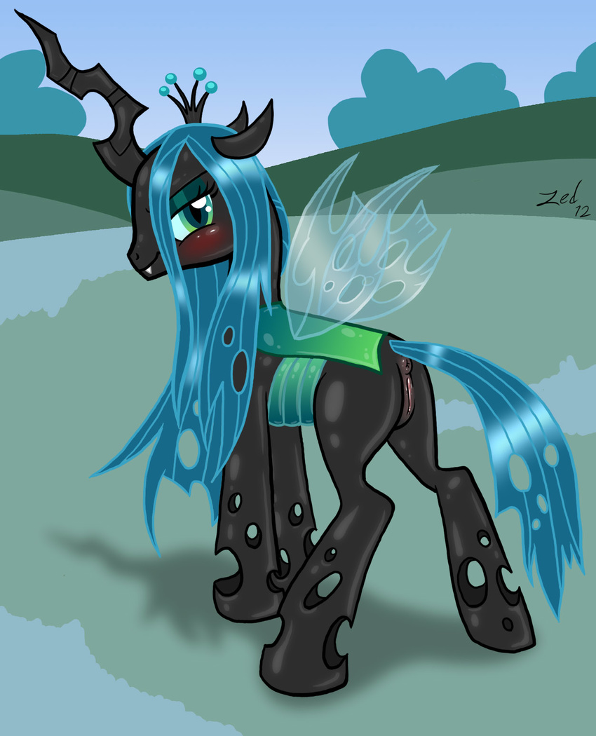 anus blush butt changeling crown equine female feral friendship_is_magic hair horn long_hair looking_at_viewer looking_back mammal my_little_pony outside pussy queen_chrysalis_(mlp) smile solo wings zed001