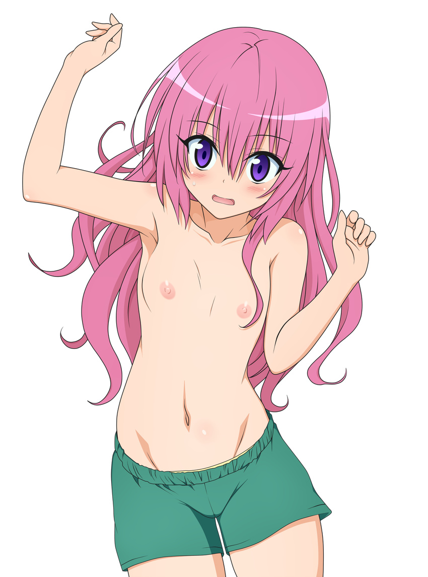 armpits blush colorized flat_chest highres long_hair nana_asta_deviluke navel nipples purple_eyes purple_hair shige_(moe-ren.net) shorts solo to_love-ru to_love-ru_darkness topless transparent_background yabuki_kentarou