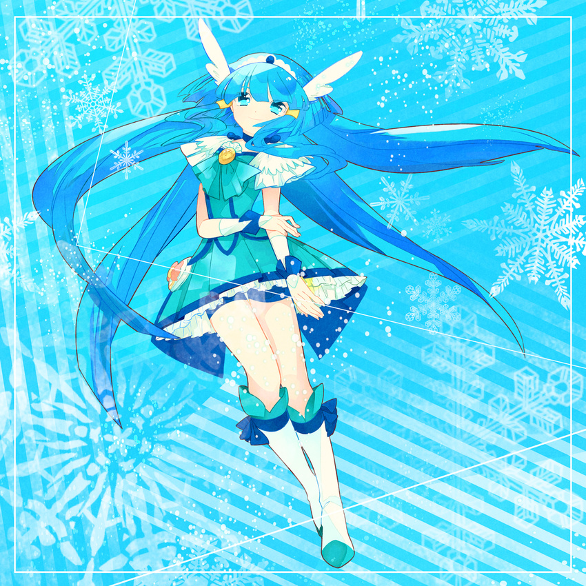 aoki_reika bike_shorts blue blue_background blue_eyes blue_hair blue_skirt boots bow bowtie brooch choker cure_beauty full_body hagiko hair_tubes head_wings highres jewelry knee_boots long_hair magical_girl precure shorts shorts_under_skirt sidelocks skirt smile smile_precure! snowflakes solo tiara wrist_cuffs