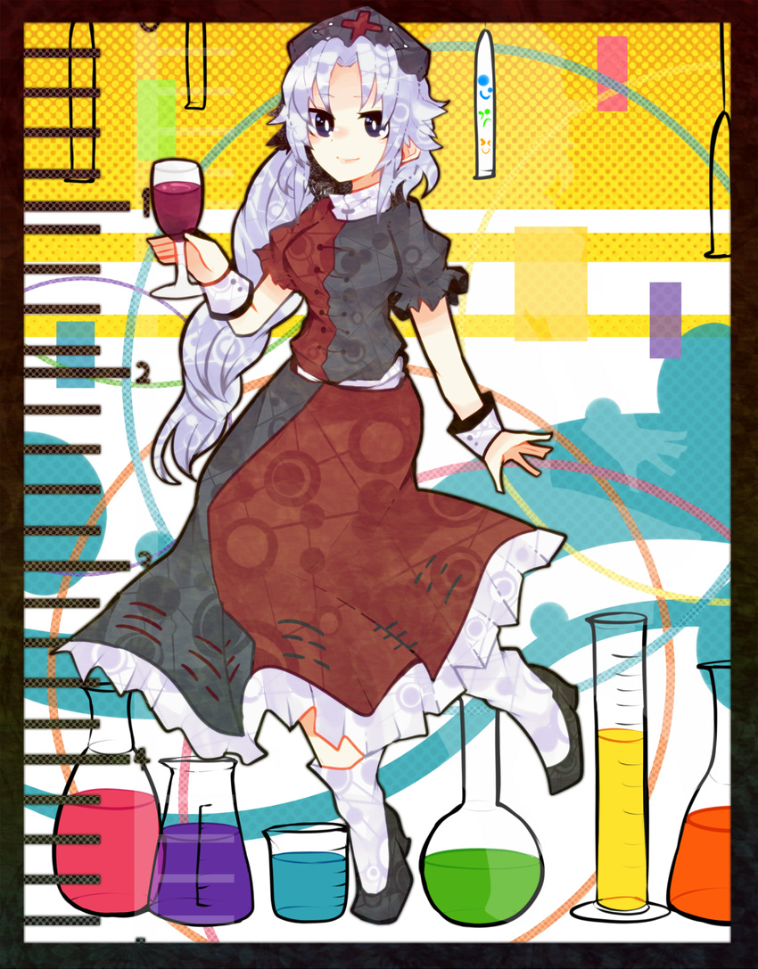 alcohol bad_id bad_pixiv_id beaker braid breasts flask glass graduated_cylinder hat highres itomugi-kun long_hair medium_breasts nurse_cap silver_hair single_braid skirt smile solo touhou vial wine yagokoro_eirin