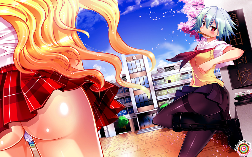 artist_request ass ben-to ben-tou blonde_hair blue_eyes highres long_hair red_eyes school_uniform shaga_ayame short_hair skirt wallpaper yarizui_sen