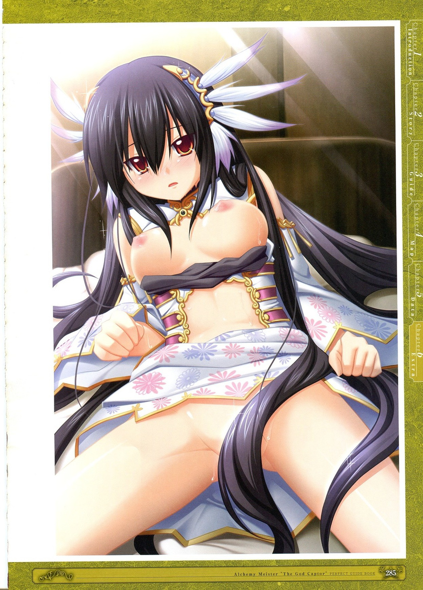 artbook bare_shoulders black_hair blush breasts breasts_outside censored convenient_censoring detached_sleeves dress dress_lift feathers hair_feathers hair_ornament hairband highres kamidori_alchemy_meister large_breasts long_hair lying nipples no_panties official_art on_back open_clothes red_eyes scan solo spread_legs sweat very_long_hair yakuri yuela