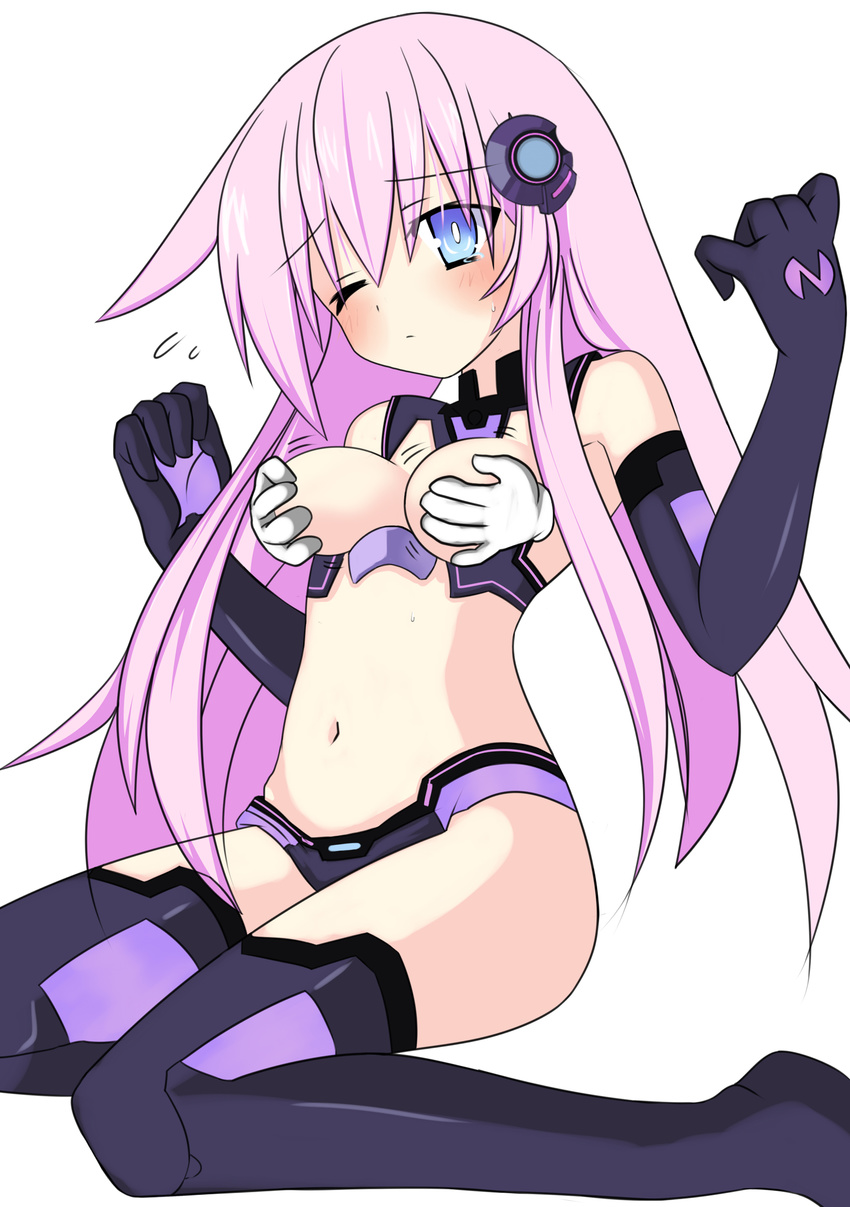 absurdres bare_shoulders blue_eyes blush boots breasts choujigen_game_neptune_mk2 elbow_gloves gloves groping highres long_hair medium_breasts meimu_(infinity) midriff navel nepgear neptune_(series) one_eye_closed pink_hair purple_sister simple_background solo tears thigh_boots thighhighs white_background