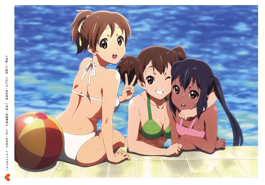 :d absurdres ball beachball bikini black_hair breasts brown_eyes brown_hair casual_one-piece_swimsuit cleavage crossed_arms day hair_ribbon highres hirasawa_ui hug k-on! looking_back medium_breasts multiple_girls nakano_azusa official_art one-piece_swimsuit one_eye_closed open_mouth outdoors pink_eyes pink_swimsuit ponytail pool poolside ribbon round_teeth short_twintails small_breasts smile suzuki_jun swimsuit tan teeth tiles tsuji_masatoshi twintails v water wet