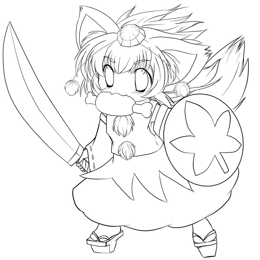absurdres animal_ears boned_meat detached_sleeves food greyscale hat highres inubashiri_momiji lineart meat monochrome mouth_hold shield short_hair solo sword tail tokin_hat touhou transparent_background weapon wolf_ears wolf_tail yume_shokunin