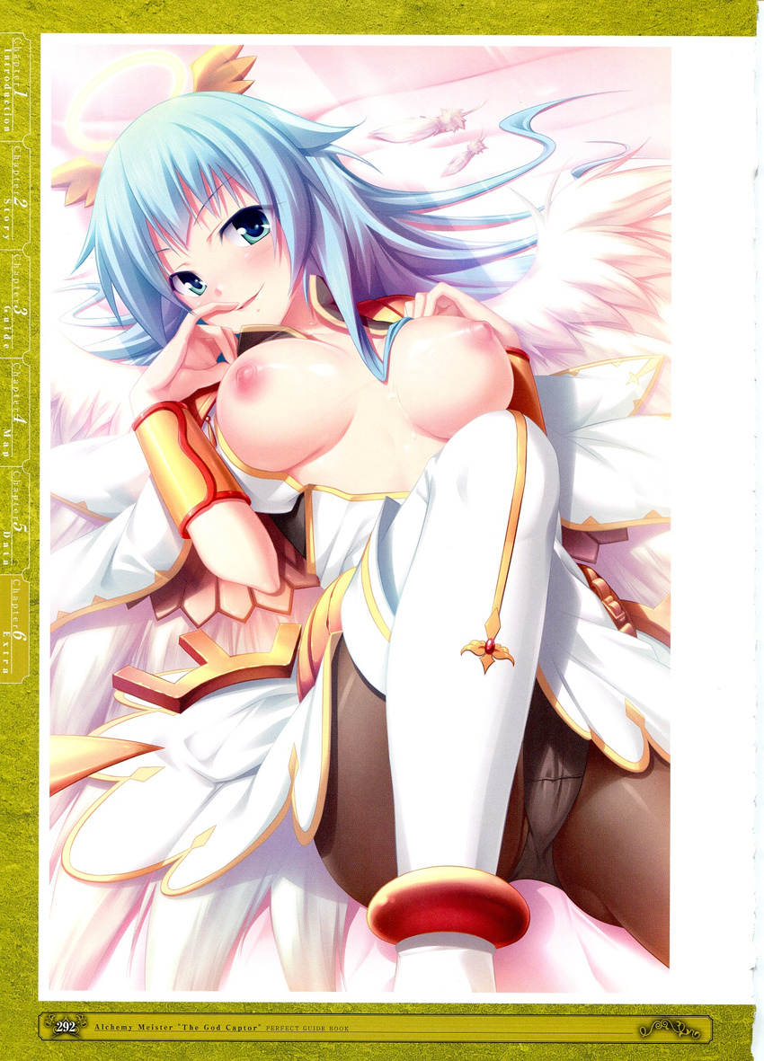 angel angel_wings artbook blue_eyes blue_hair boots bracer breasts elizasleyn feathers halo highres kamidori_alchemy_meister large_breasts lying naughty_face nipples non-web_source official_art on_back on_bed open_clothes open_mouth open_shirt panties panties_under_pantyhose pantyhose scan shirt solo thigh_boots thighhighs underwear wings yakuri