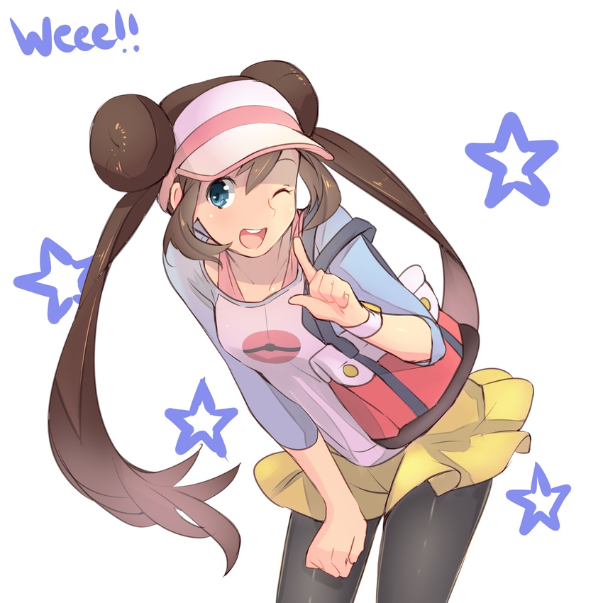 absurdres bag blue_eyes breasts brown_hair collaboration cowboy_shot double_bun highres leaning_forward legwear_under_shorts long_hair magister_(medical_whiskey) mei_(pokemon) one_eye_closed open_mouth pantyhose pokemon pokemon_(game) pokemon_bw2 raglan_sleeves shirt shorts small_breasts smile solo taut_clothes taut_shirt twintails visor_cap watch weee_(raemz) wristwatch