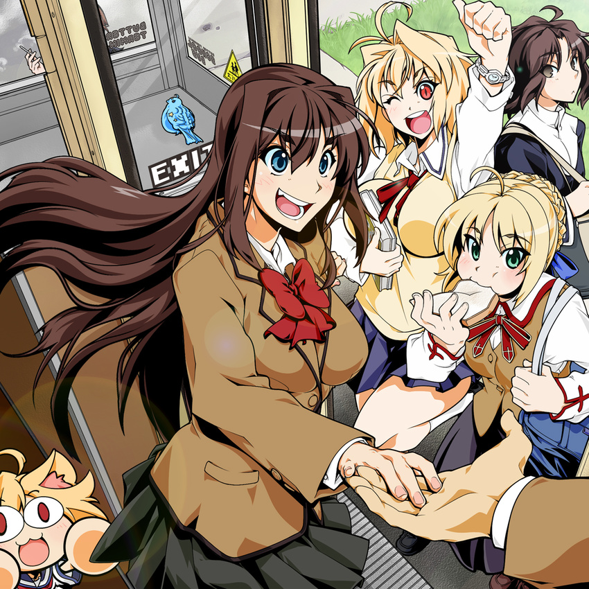 ahoge animal_ears aozaki_aoko arcueid_brunestud artoria_pendragon_(all) bird blonde_hair blue_eyes book bread breasts brown_eyes cat_ears cigarette crossover eating fate_(series) food green_eyes highres holding kara_no_kyoukai large_breasts long_hair mahou_tsukai_no_yoru multiple_girls nekoarc one_eye_closed open_mouth red_eyes ryougi_shiki saber school_uniform short_hair skirt smile tsukihime type-moon usuiken watch