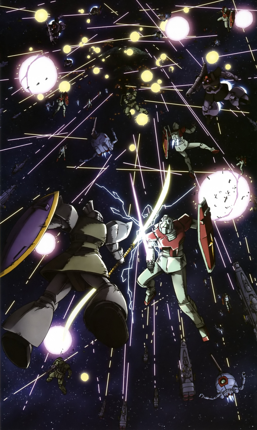 80s absurdres artist_request ball_(gundam) battle earth_federation energy_sword epic explosion gelgoog gm_(mobile_suit) gundam gundam_0083 highres laser mecha mobile_suit_gundam no_humans oldschool rick_dom science_fiction shield space star_(sky) sword weapon zaku zaku_ii zaku_ii_f/j zeon zero_gravity