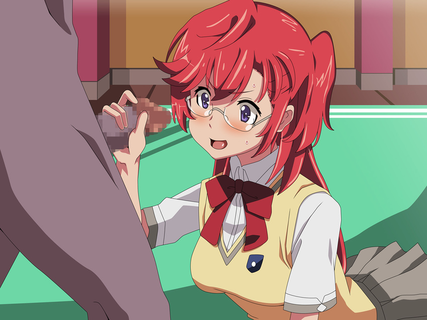 1girl ano_natsu_de_matteru blush breasts censored clothed_female_nude_male glasses handjob penis red_hair school_uniform takatsuki_ichika