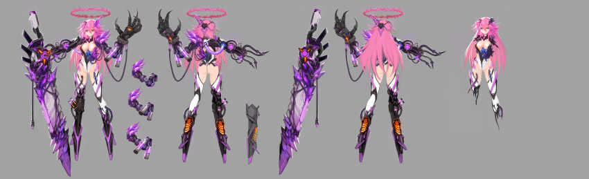 300_heroes absurdres amputee android ass asymmetrical_arms breasts claws cleavage corruption crystal damaged grey_background halo headgear highres large_breasts leotard long_hair long_legs no_feet parts_exposed pink_eyes pink_hair quadruple_amputee simple_background solo tears thighhighs zhuore_zhi_hen