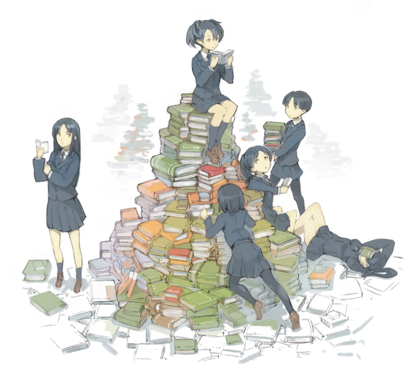 black_hair book book_focus holding holding_book long_hair looking_back looking_up lying multiple_girls necktie open_book original pantyhose pile_of_books school_uniform side_ponytail sitting sitting_on_books skirt socks standing tko_(kkk66) too_many too_many_books twintails