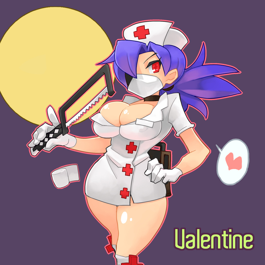 +_+ 1girl blue_hair breasts cleavage cross fukumaaya gloves hacksaw hair_over_one_eye hat highres mask minidress ninja nurse nurse_cap nurse_outfit open_clothes open_shirt ponytail red_eyes saw seida shirt short_dress short_hair skullgirls solo symbol-shaped_pupils valentine valentine_(skullgirls) weapon