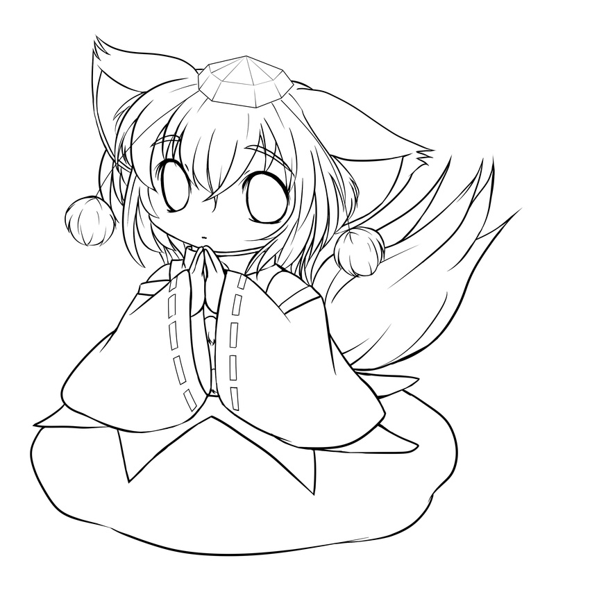absurdres animal_ears greyscale hat highres inubashiri_momiji japanese_clothes lineart looking_at_viewer monochrome short_hair solo tail tokin_hat touhou transparent_background wolf_ears wolf_tail yume_shokunin