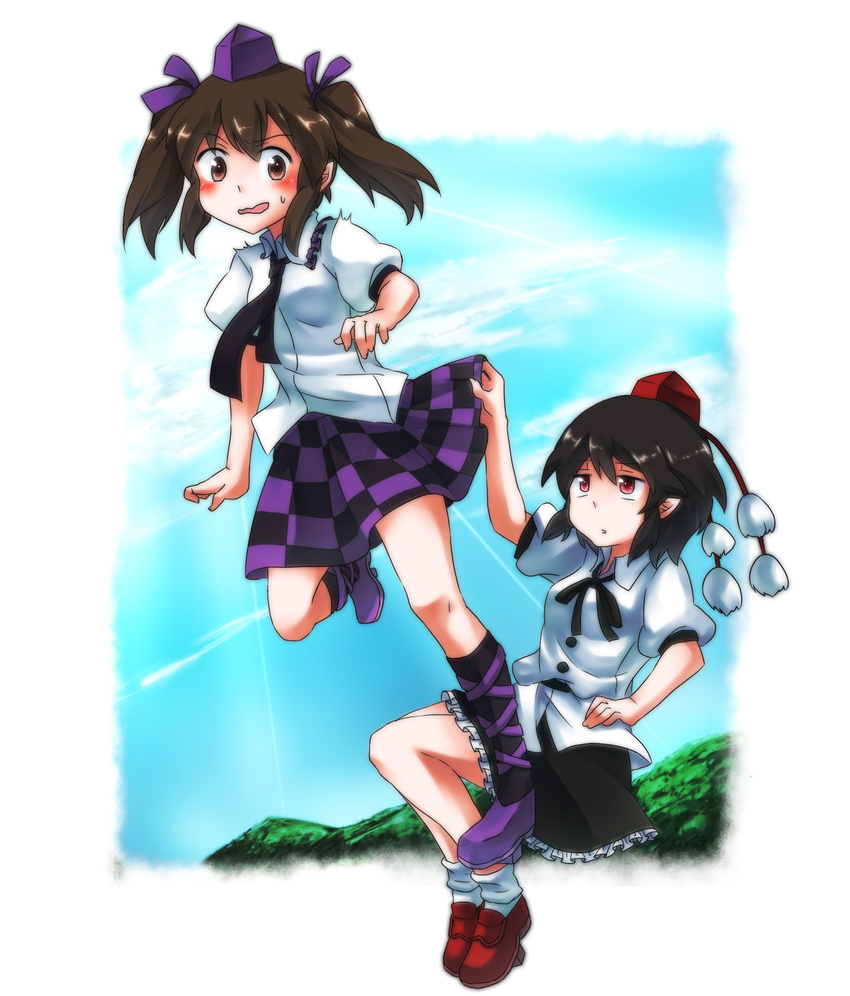 blush brown_eyes brown_hair checkered checkered_skirt geta hat highres himekaidou_hatate implied_pantyshot misocha multiple_girls necktie pointy_ears red_eyes shameimaru_aya short_hair skirt skirt_lift tokin_hat touhou twintails wavy_mouth