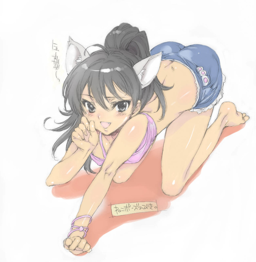 all_fours animal_ears bare_legs barefoot black_eyes black_hair blush cat_ears cutoff_jeans cutoffs fang ganaha_hibiki highres idolmaster idolmaster_(classic) long_hair looking_at_viewer partially_translated paw_pose ponytail shorts sketch solo translation_request yuiganaoha