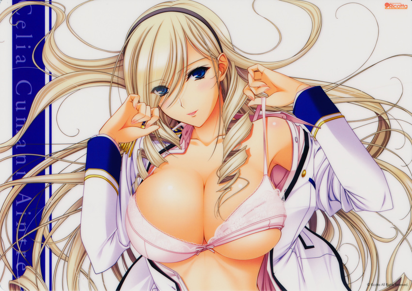 1girl absurdres blonde_hair blue_eyes bra bra_lift breasts celia_kumani_entory cleavage drill_hair hairband highres huge_breasts komori_kei large_breasts lingerie long_hair looking_at_viewer lying open_clothes open_shirt school_uniform shirt simple_background smile solo underwear undressing walkure_romanze