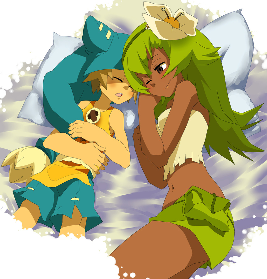 1girl absurdres amalia_sheran_sharm bad_id bad_pixiv_id blush dark_skin flower green_hair hat highres long_hair lying midriff plant sadida sleeping wakfu wanaca yugo