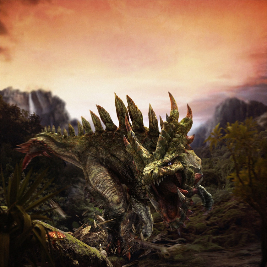 capcom claws fangs forest highres monster monster_hunter monster_hunter_frontier mountain nature no_humans open_mouth tongue tree