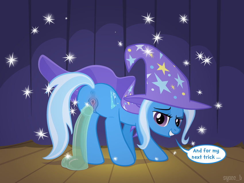 anus butt cape cutie_mark dildo english_text equine female feral friendship_is_magic hair hat horn horse long_hair looking_at_viewer magic magic_user mammal my_little_pony pony presenting purple_eyes pussy sex_toy solo spellcaster syoee_b text trixie_(mlp) unicorn wizard_hat