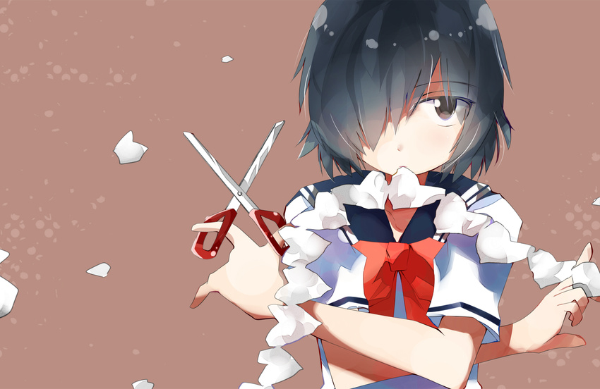 black_eyes black_hair bow hair_over_one_eye heart highres itoh_(artist) mouth_hold nazo_no_kanojo_x school_uniform scissors solo urabe_mikoto