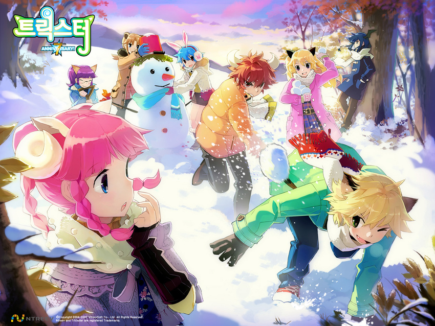 4girls animal_ears bangs blonde_hair blue_hair blunt_bangs boots braid buffalo_(trickster) bunny_(trickster) bunny_ears cat_(trickster) cat_ears coat denim dragon_(trickster) fang fingerless_gloves fox_(trickster) glasses gloves green_eyes horns jeans korean lion_(trickster) long_hair multiple_boys multiple_girls open_mouth pants pink_hair purple_eyes purple_hair raccoon_(trickster) red_hair scarf sheep_(trickster) short_hair skirt snow snowman trickster