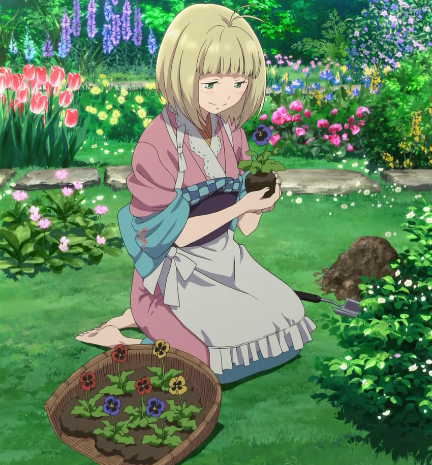 ao_no_exorcist apron barefoot bellflower blonde_hair blush bob_cut dirt feet flower garden green_eyes highres japanese_clothes kimono looking_at_viewer moriyama_shiemi nature pansy screencap smile trowel tulip