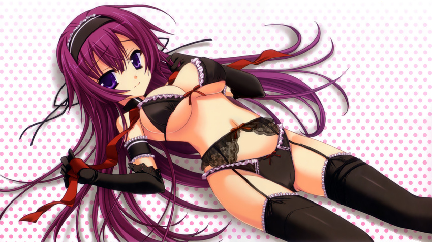 1girl black_bra black_gloves black_legwear black_panties bra breasts cameltoe closed_mouth female frilled_bra frilled_panties frills garter_belt gloves hariyama_kiriha hontani_kanae long_hair looking_at_viewer maid_headdress midriff navel panties purple_eyes purple_hair smile solo stockings straight_hair thighhighs tsun_tsun_maid_wa_ero_ero_desu underboob underwear