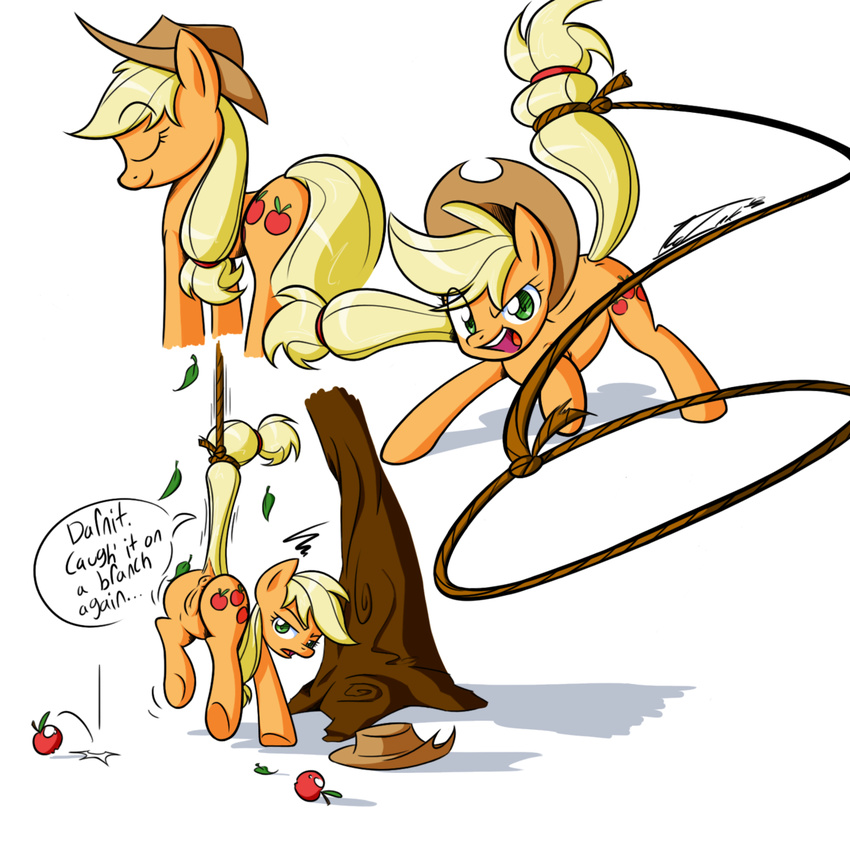 apple applejack_(mlp) blonde_hair butt cowboy_hat english_text equine female feral freckles friendship_is_magic fruit green_eyes hair hat horse leaf long_hair mammal my_little_pony no-ink plain_background pony presenting pussy rope solo text tree white_background wood