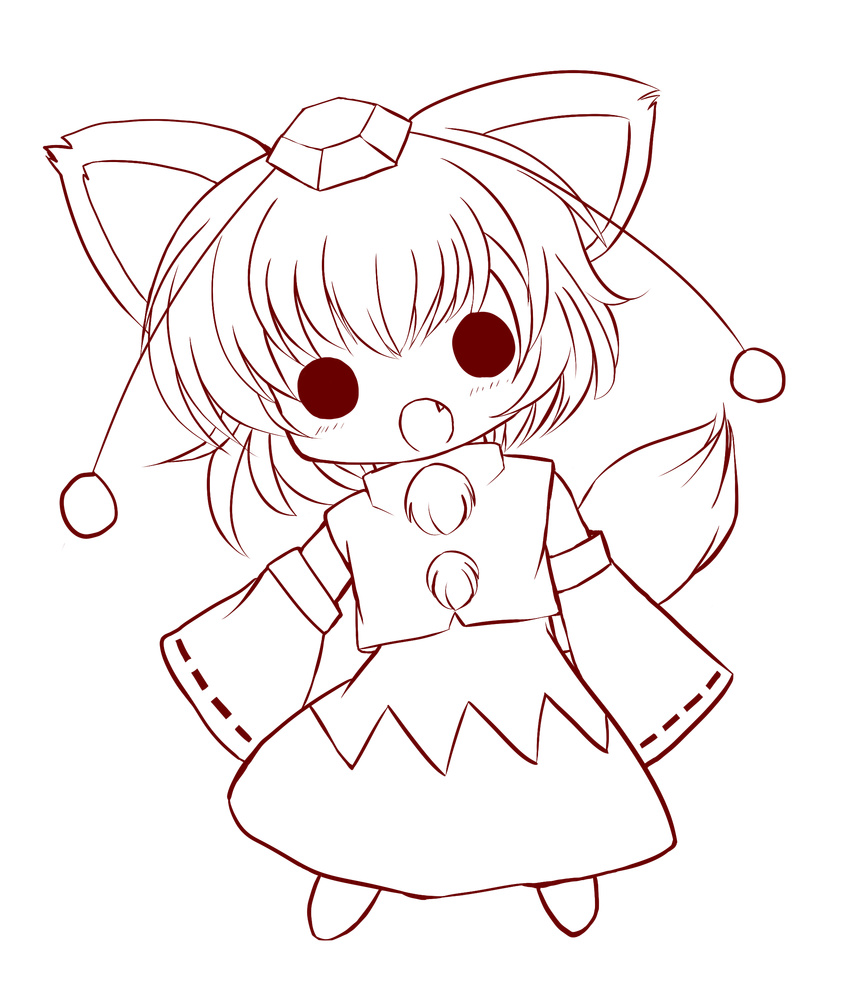 absurdres animal_ears chibi fang full_body hat highres inubashiri_momiji lineart looking_at_viewer monochrome open_mouth short_hair solid_circle_eyes solo tail tokin_hat touhou transparent_background wolf_ears wolf_tail yume_shokunin