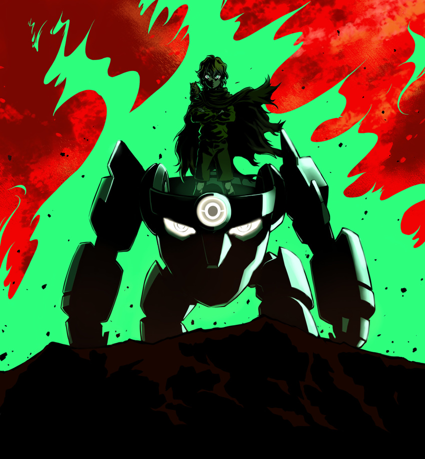 armadillo bad_id bad_pixiv_id blonde_hair blue_hair cape crossed_arms drawfag getter_robo glowing glowing_eyes green_eyes guame highres lagann lordgenome male_focus mecha multicolored_hair parody spiral_power tengen_toppa_gurren_lagann tengen_toppa_gurren_lagann:_parallel_works younger