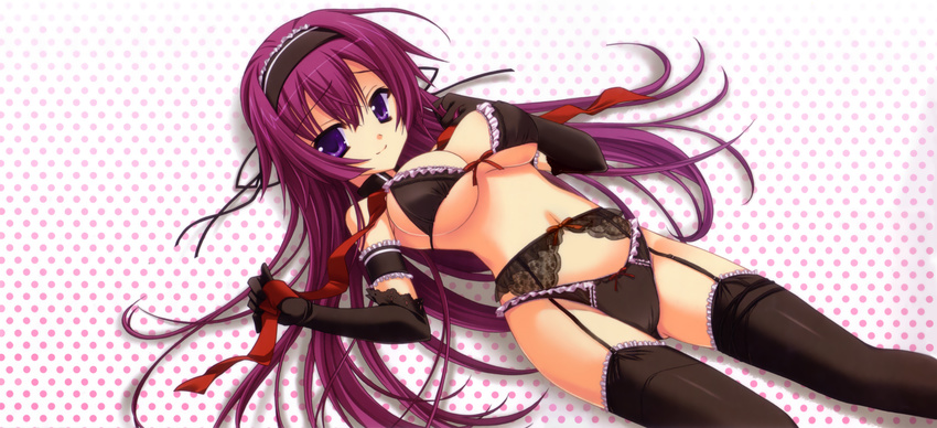 1girl absurdres arisue_tsukasa blue_eyes bra breasts bridal_gauntlets cleavage copyright_request elbow_gloves garter_belt gloves headband highres lace lace-trimmed_bra lace-trimmed_panties lace-trimmed_thighhighs lingerie lying moribe_(rabumanyo) panties polka_dot polka_dot_background purple_hair ribbon thighhighs underwear underwear_only