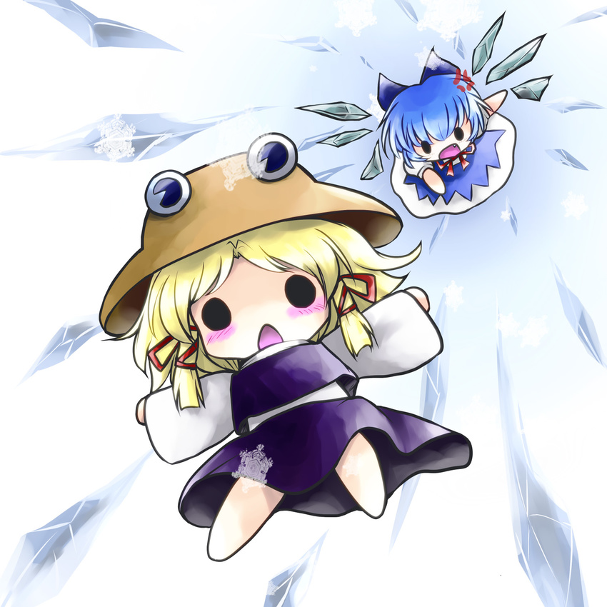 anger_vein blonde_hair blue_hair blush bow chibi cirno hair_bow hat highres moriya_suwako multiple_girls open_mouth snowflakes solid_circle_eyes touhou yume_shokunin