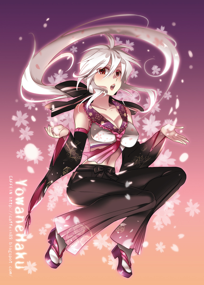 adapted_costume ascot blush bow breasts caffein character_name cherry_blossoms cleavage detached_sleeves gradient gradient_background hair_bow highres long_hair medium_breasts navel open_mouth ponytail red_eyes sandals silver_hair solo very_long_hair vocaloid voyakiloid watermark web_address wide_sleeves yowane_haku