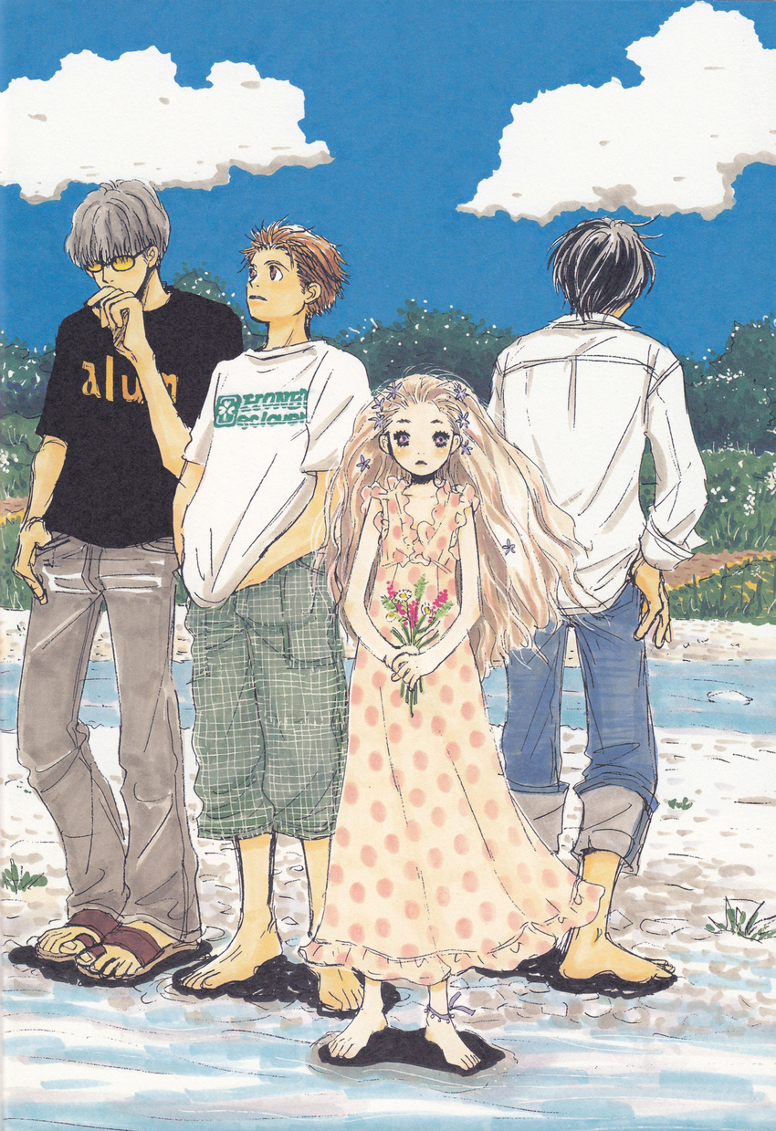 3boys absurdres anklet back barefoot beach cloud day dress feet flower glasses grass grey_hair hanamoto_hagumi hand_in_pocket highres honey_and_clover jewelry long_hair long_sleeves mayama_takumi morita_shinobu multiple_boys outdoors sandals sky standing takemoto_yuuta tree umino_chika water